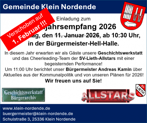 Wegen der aktuellen Wetterlage verschieben wir unseren Neujahrsempfang auf den 1. Februar 2026 um 10:30 Uhr. Wir bitten um Verständnis.